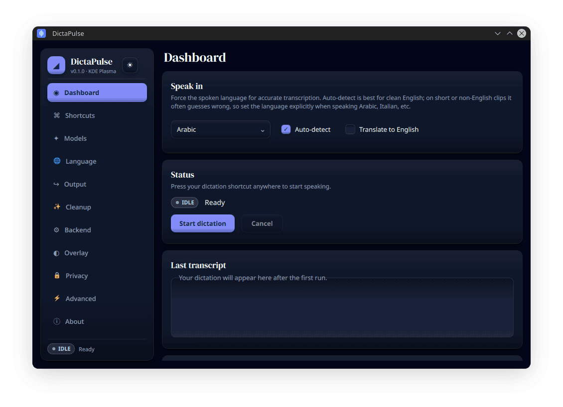 DictaPulse Dashboard screen, dark theme