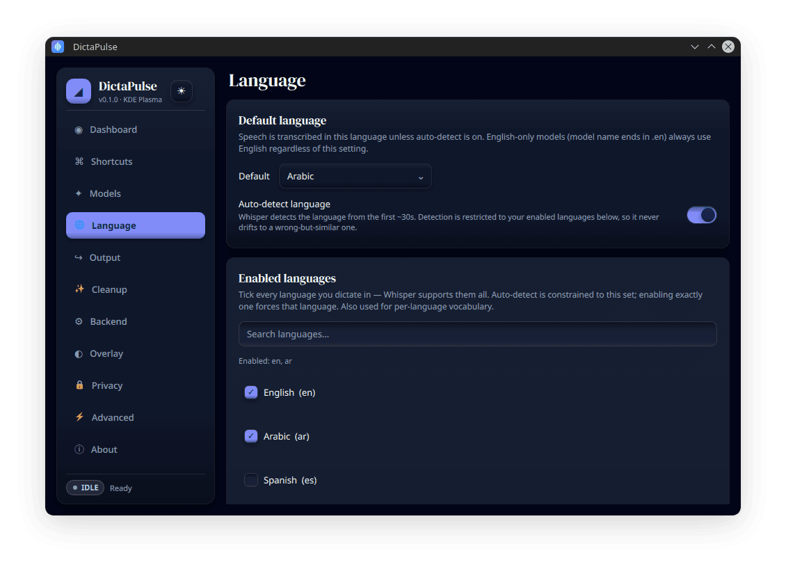 DictaPulse Languages screen, dark theme