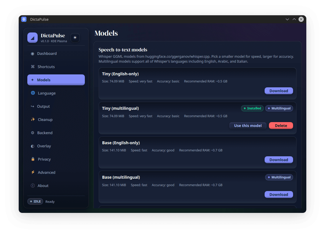 DictaPulse Models screen, dark theme