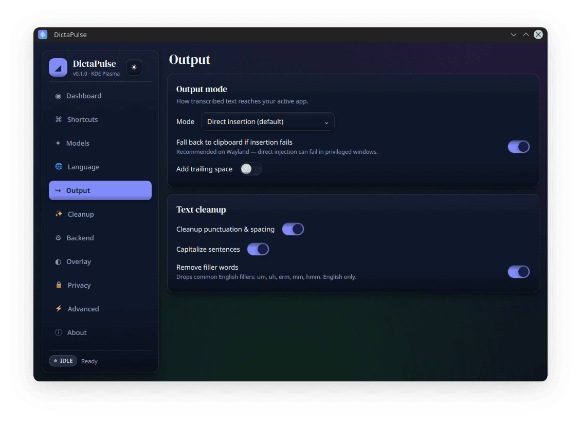 DictaPulse Output screen, dark theme