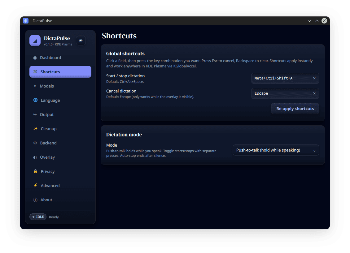 DictaPulse Shortcuts screen, dark theme